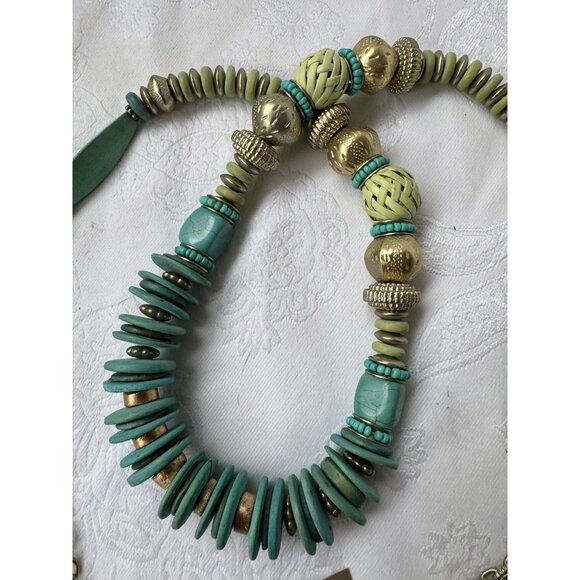 Chicos 20" Long Gold Tone Turquoise Blue Green Bead Statement Necklace NEW - Picture 5 of 11